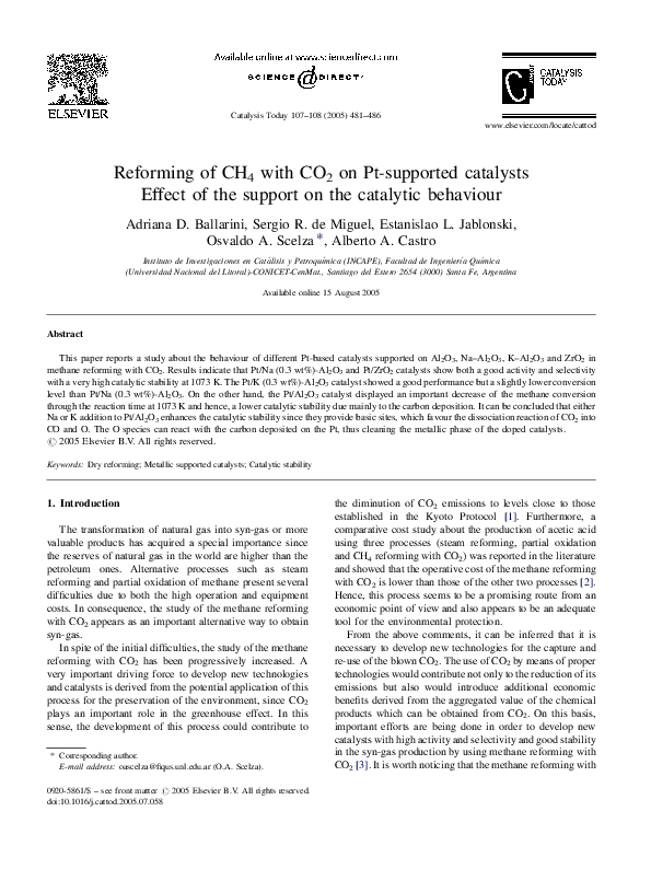 (PDF) Reforming of CH4 with CO2 on Pt-supported catalysts
