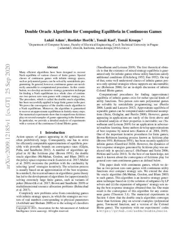 (PDF) Double Oracle Algorithm for Computing Equilibria in Continuous Games