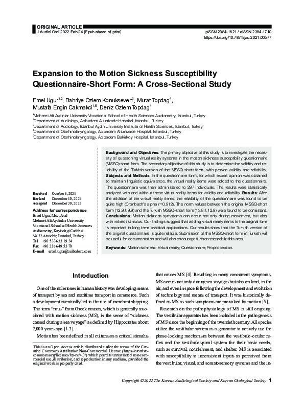 (PDF) Expansion to the Motion Sickness Susceptibility QuestionnaireShort Form A Cross