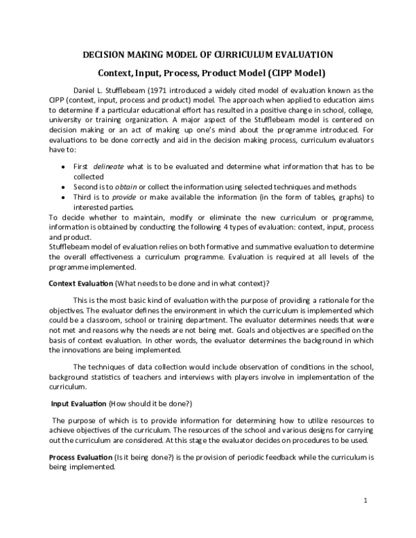 (DOC) DECISION MAKING MODEL OF CURRICULUM EVALUATION Context, Input ...