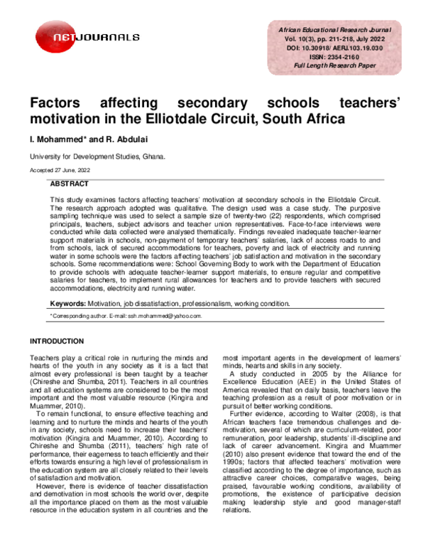 (PDF) Factors affecting secondary schools teachers' motivation in the ...