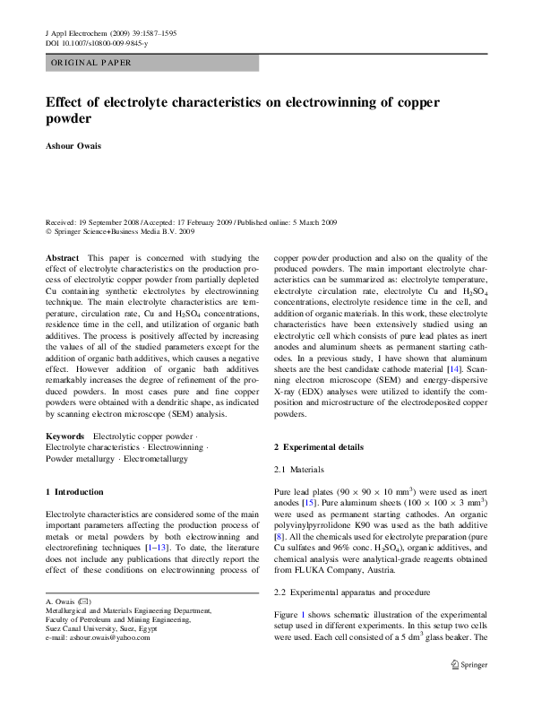 (PDF) Effect of electrolyte characteristics on electrowinning of copper ...