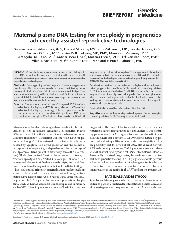 (PDF) Maternal plasma DNA testing for aneuploidy in pregnancies ...