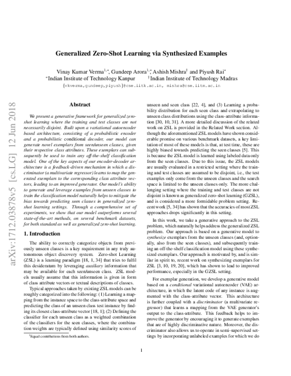 (PDF) Generalized Zero-Shot Learning via Synthesized Examples