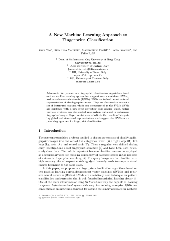 (PDF) A New Machine Learning Approach to Fingerprint Classification