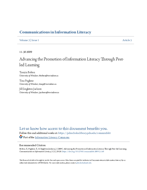 (PDF) Advancing the Promotion of Information Literacy Through Peer-led ...