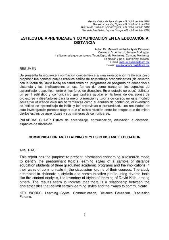 (PDF) Estilos de aprendizaje y comunicación en la educación a distancia