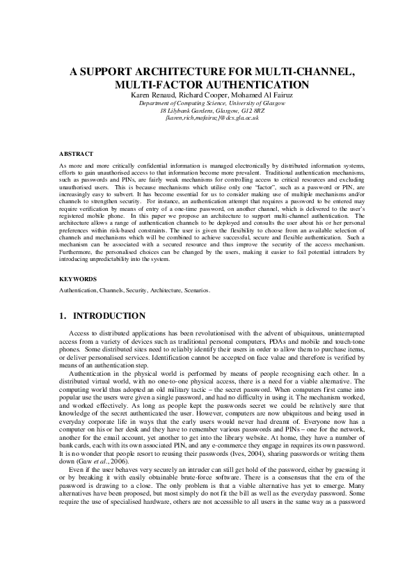 (PDF) A Support Architecture for Multi-Channel, Multi-Factor Authentication