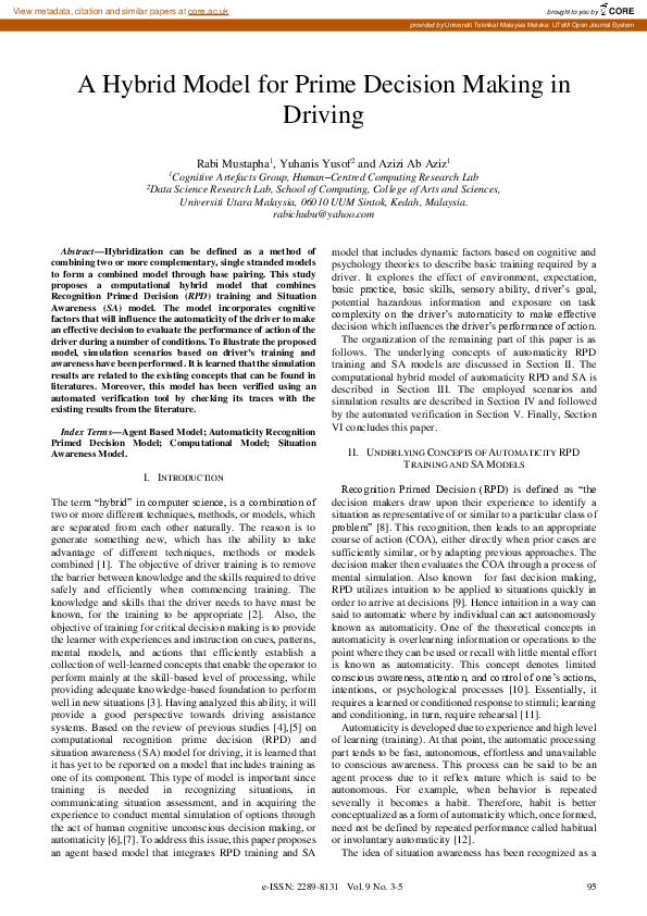 (PDF) A Hybrid Model for Prime Decision Making in Driving