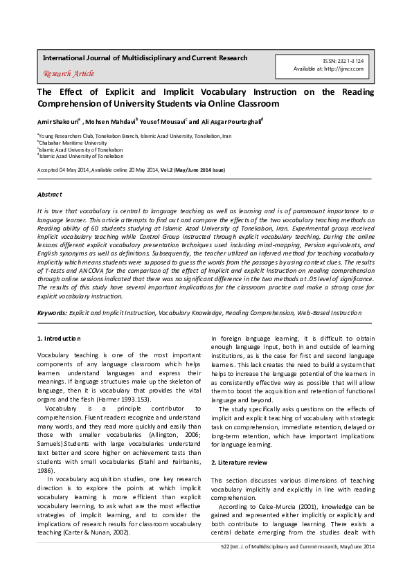 (PDF) The Effect of Explicit and Implicit Vocabulary Instruction on the ...