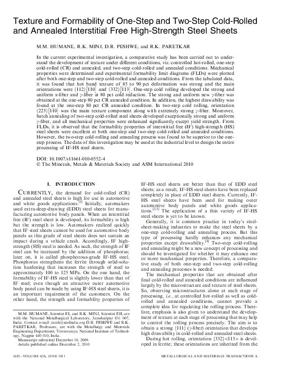 (PDF) Texture and Formability of One-Step and Two-Step Cold-Rolled and ...