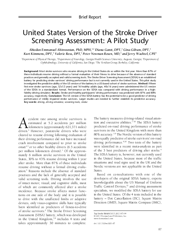 (PDF) United States Version of the Stroke Driver Screening Assessment ...