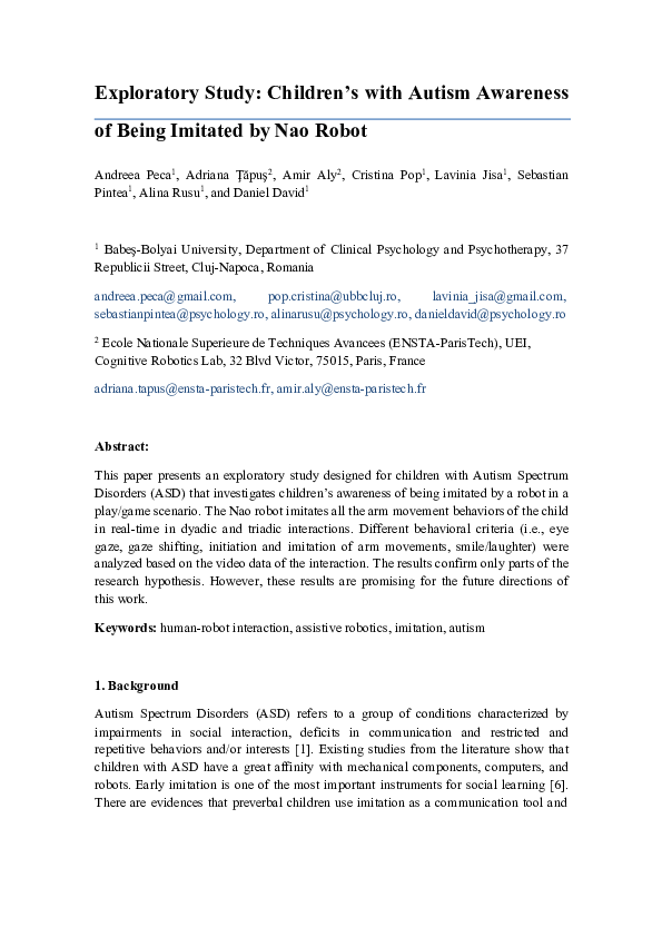 (PDF) Exploratory Study: Children's with Autism Awareness of being ...