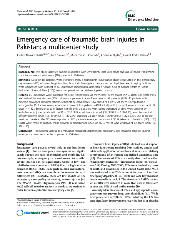 (PDF) Emergency care of traumatic brain injuries in Pakistan: a ...