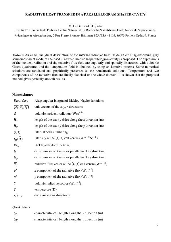 (PDF) Radiative heat transfer in a parallelogram shaped cavity