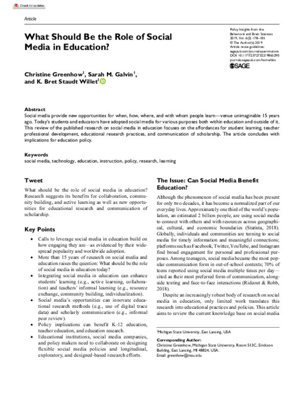 (PDF) What Should Be the Role of Social Media in Education?