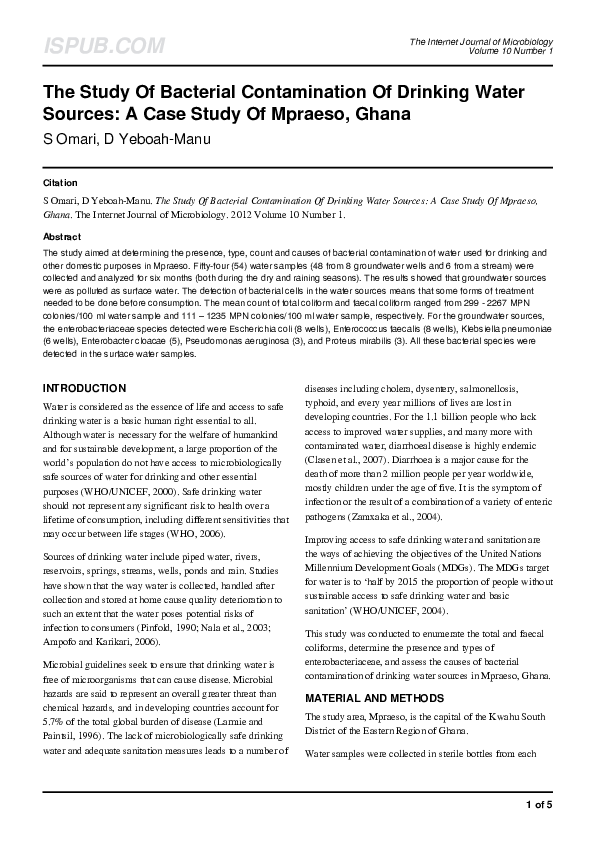 (PDF) The Study Of Bacterial Contamination Of Drinking Water Sources: A ...