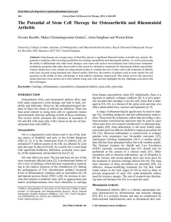 (PDF) The Potential of Stem Cell Therapy for Osteoarthritis and ...