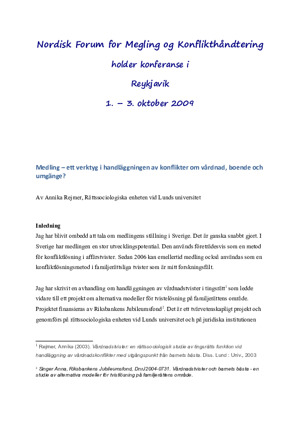 (DOC) Medling – ett verktyg i handläggningen av konflikter om vårdnad ...