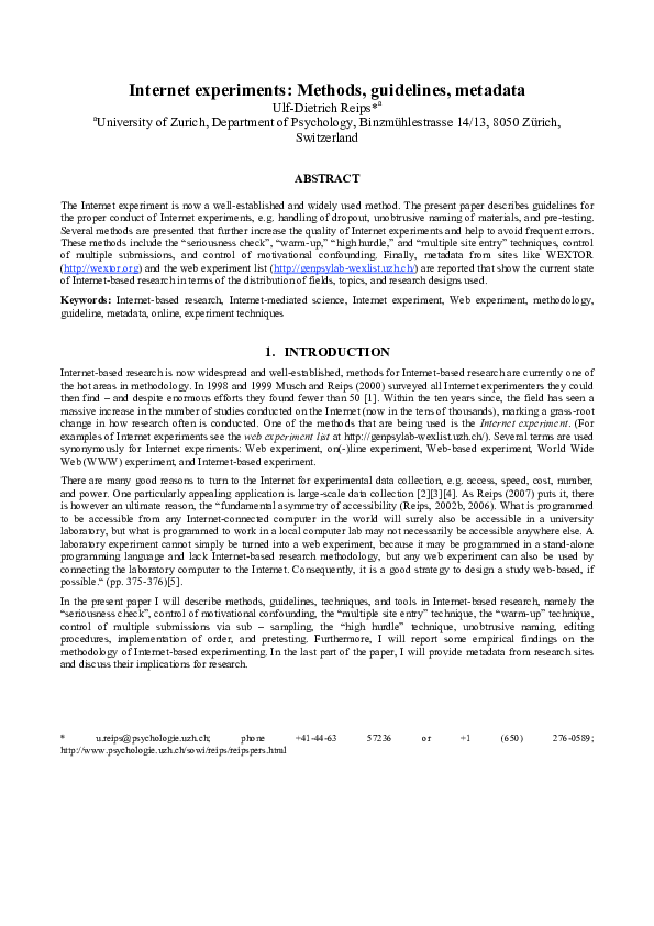 (PDF) Internet experiments: methods, guidelines, metadata