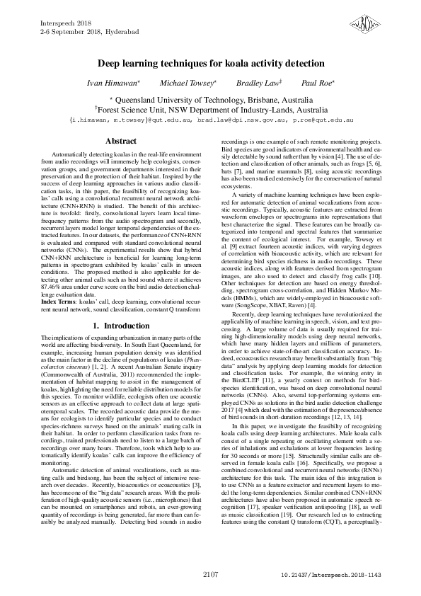 (PDF) Deep Learning Techniques for Koala Activity Detection