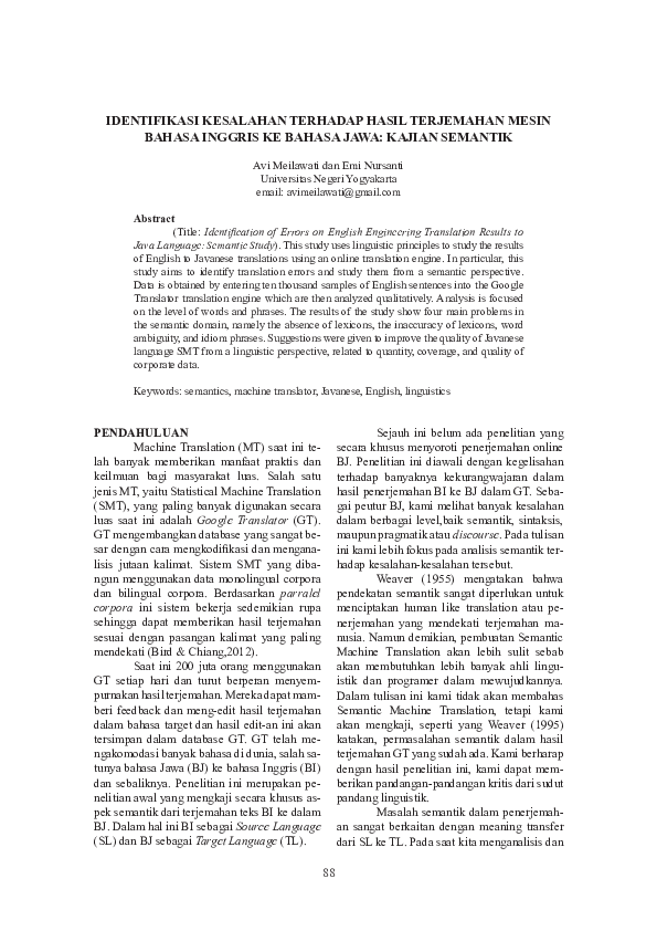 Identifikasi Kesalahan Terhadap Hasil Terjemahan Mesin Bahasa Inggris Ke Bahasa Jawa: Kajian Semantik