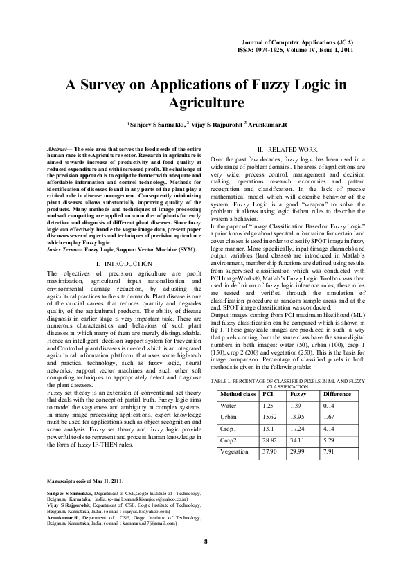 (PDF) A survey on Applications of Fuzzy Logic in Agriculture