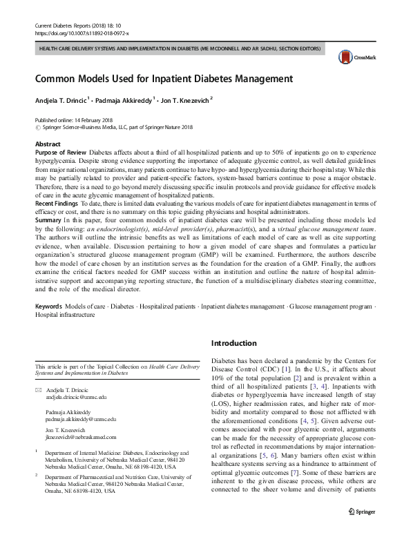 (PDF) Common Models Used for Inpatient Diabetes Management