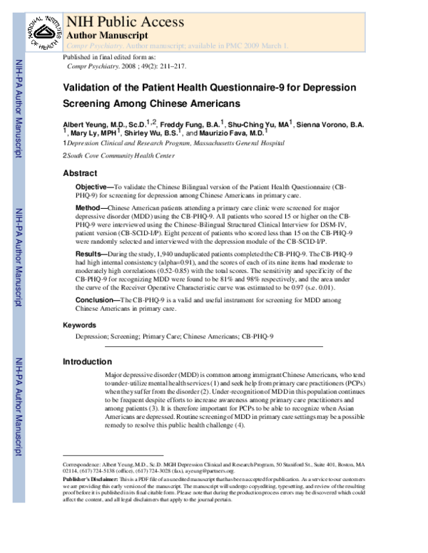 (PDF) Validation of the Patient Health Questionnaire-9 for depression ...