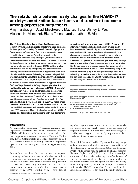 (PDF) The relationship between early changes in the HAMD-17 anxiety ...