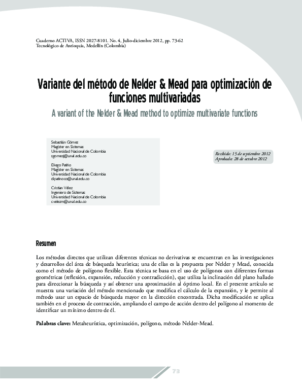 (PDF) Variante del método de Nelder & Mead para optimización de ...