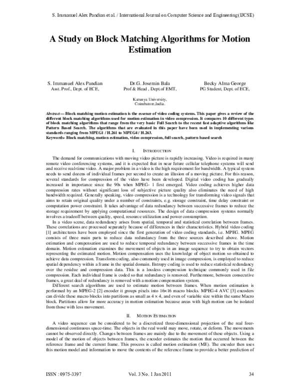 (PDF) A Study on Block Matching Algorithms for Motion Estimation