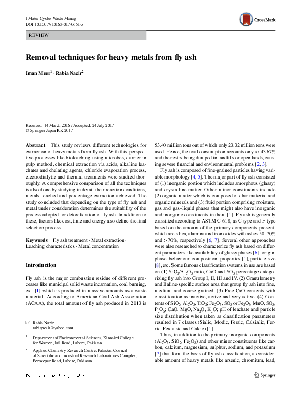 (PDF) Removal techniques for heavy metals from fly ash