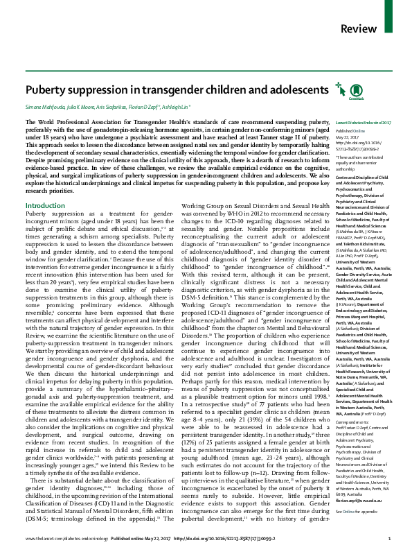 (PDF) Puberty suppression in transgender children and adolescents