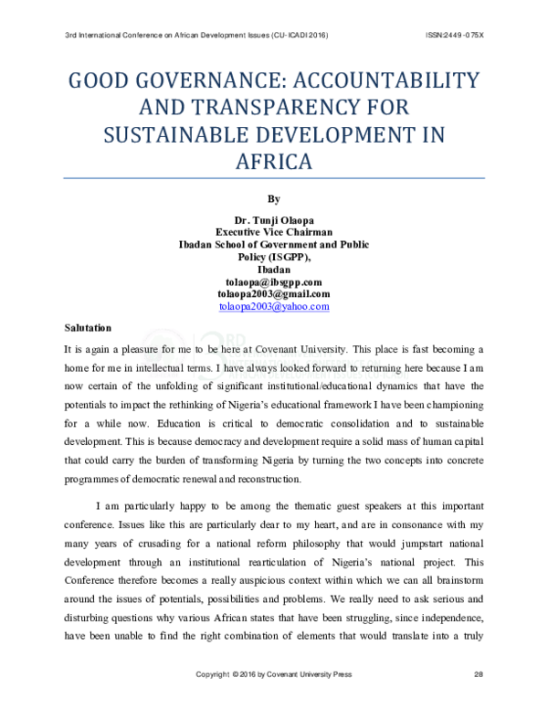 (PDF) Good Governance : Accountability and Transparency for Sustainable ...