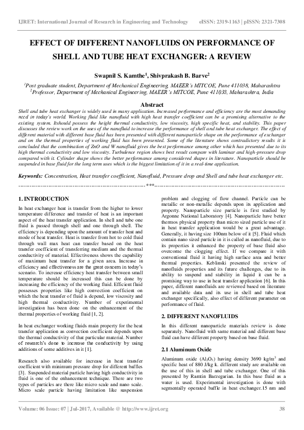 (PDF) Effect of Different Nanofluids on Performance of Shell and Tube ...