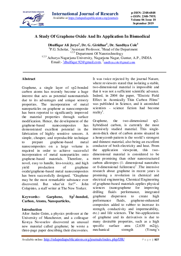 (PDF) A Study Of Graphene Oxide And Its Application In Biomedical