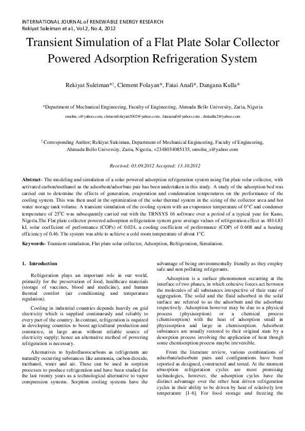 (PDF) Transient Simulation of a Flat Plate Solar Collector Powered ...