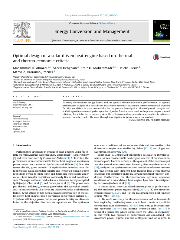 (PDF) Optimal design of a solar driven heat engine based on thermal and ...