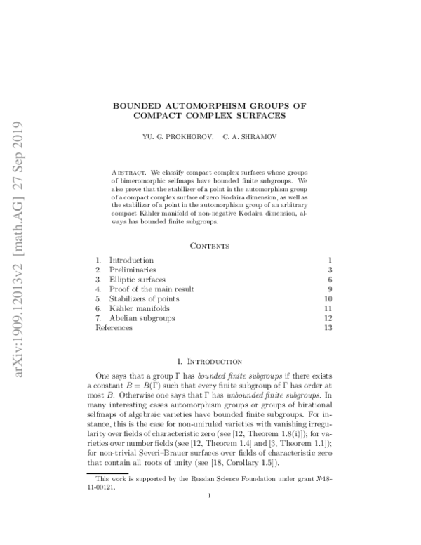 (PDF) Bounded automorphism groups of compact complex surfaces