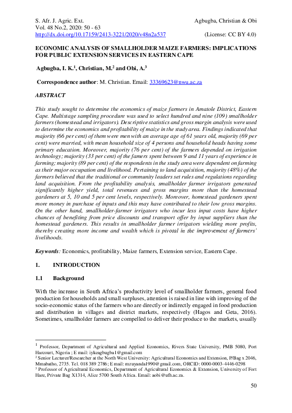 (PDF) Economic analysis of smallholder maize farmers: implications for ...