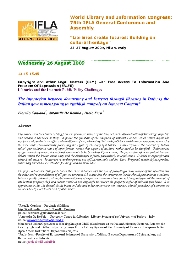 The interaction between democracy and Internet through libraries in Italy: is the Italian government going to establish controls on Internet Content?[Language: Korean. This is a translation from English to Korean]