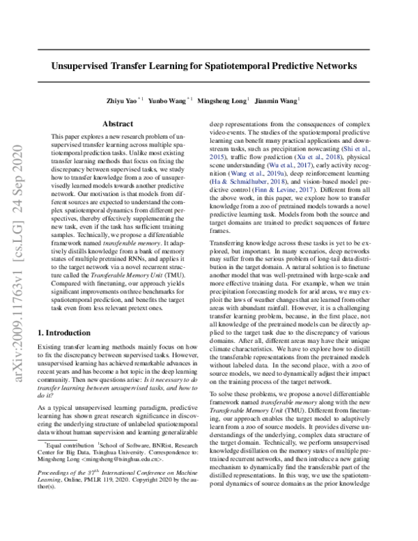 (PDF) Unsupervised Transfer Learning for Spatiotemporal Predictive Networks