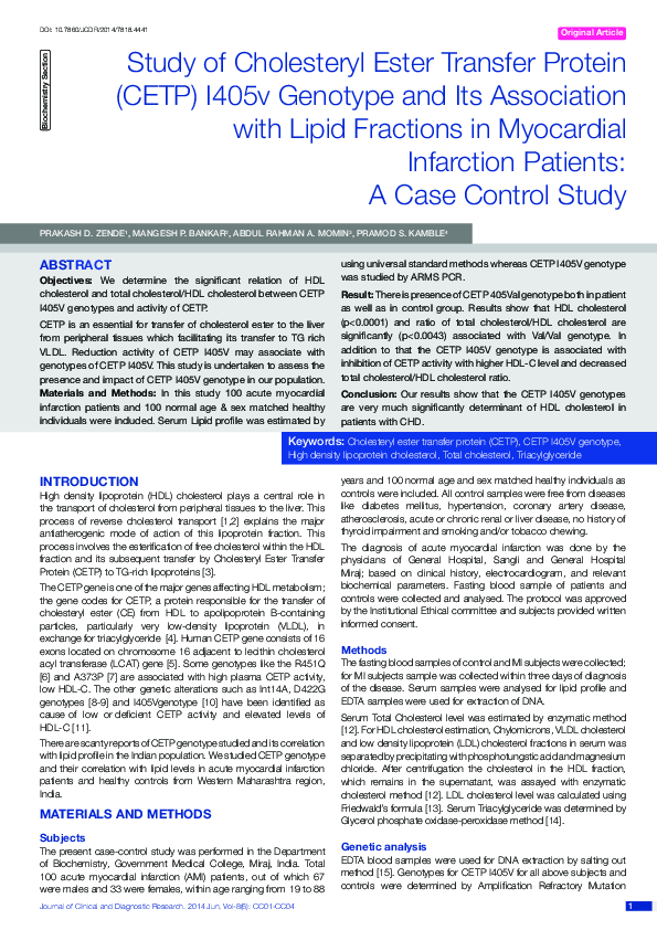 (PDF) Study of Cholesteryl Ester Transfer Protein (CETP) I405v Genotype ...