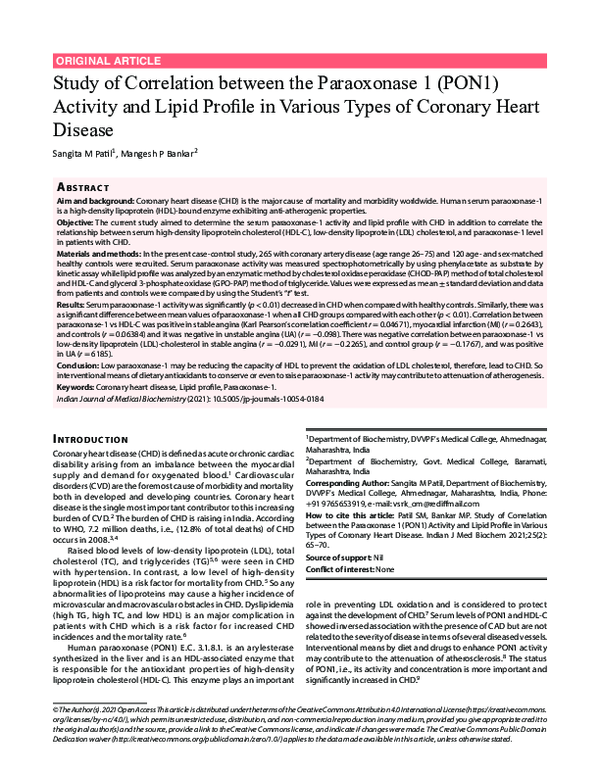 (PDF) Study of Correlation between the Paraoxonase 1 (PON1) Activity ...