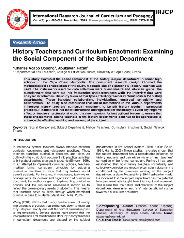 History Teachers and Curriculum Enactment: Examining the Social Component of the Subject Department