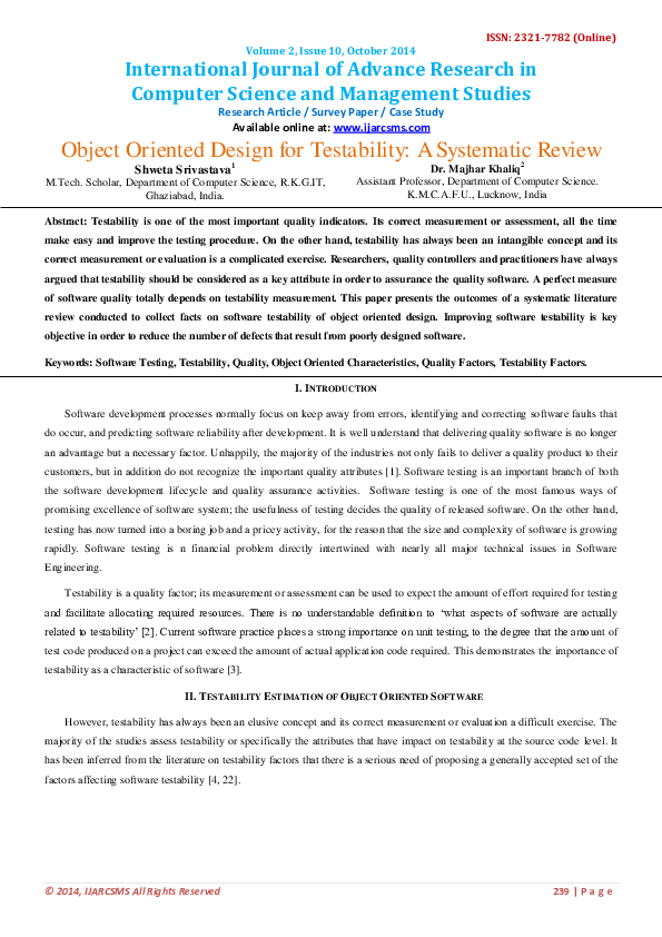 (PDF) Object Oriented Design for Testability: A Systematic Review