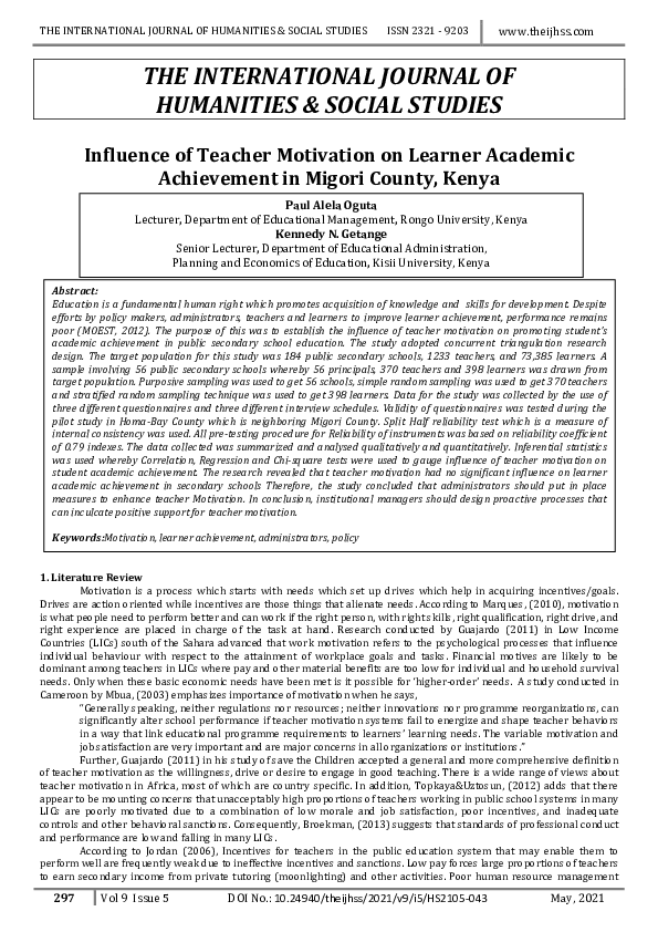 (PDF) Influence of Teacher Motivation on Learner Academic Achievement ...