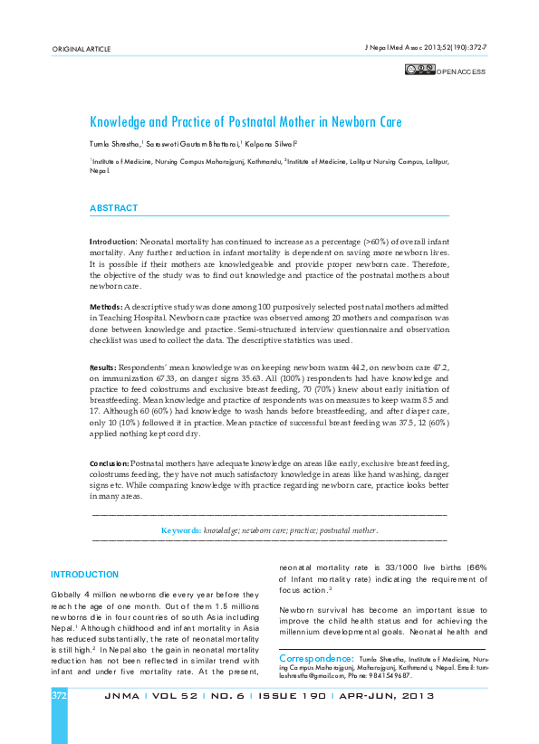 (PDF) Knowledge and Practice of Postnatal Mother in Newborn Care