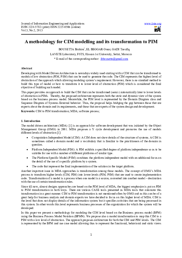 (PDF) A methodology for CIM modelling and its transformation to PIM